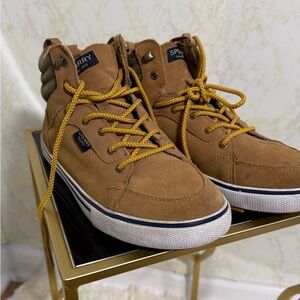 Sperry Brown High-Top Sneakers with Yellow Accents